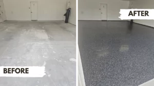 Before and after epoxy garage floor coating by Decorative Concrete of Texas